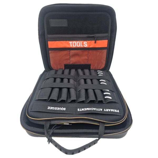 Open tool case with many compartments.