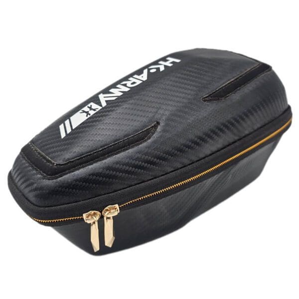 Black zippered hard case with logo.