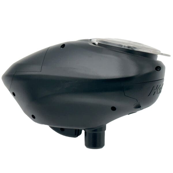 Here's an alt tag for the image: Black paintball hopper, side view.