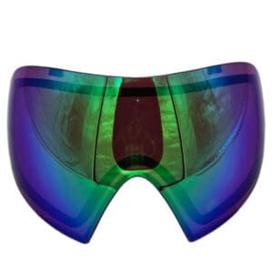 Here's an alt tag for the image: Rainbow iridescent paintball goggles.