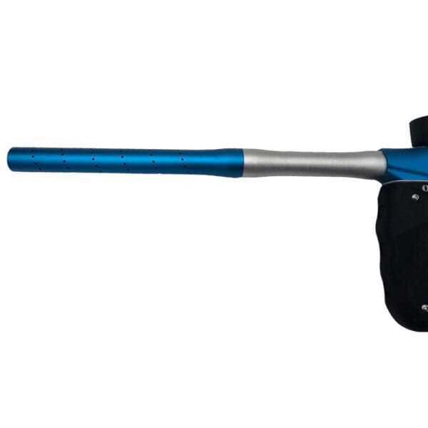 Blue and silver paintball gun barrel.