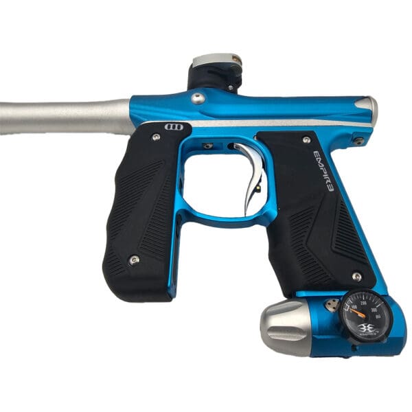 Blue and silver Empire paintball marker.