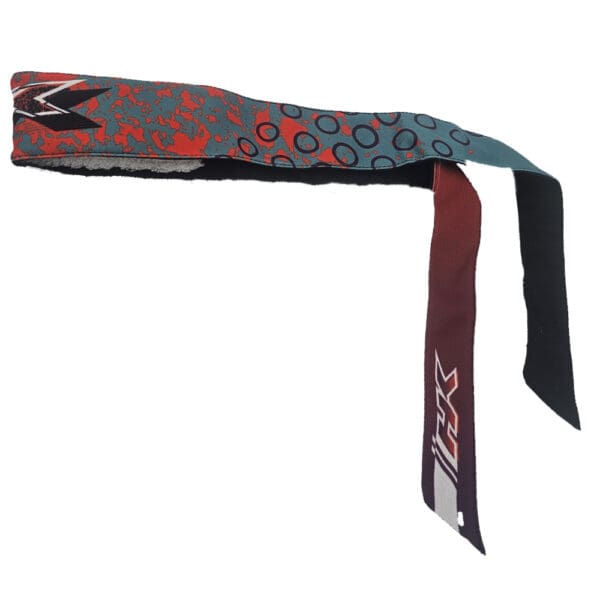 Here's an alt tag for the image: IRK paintball headband, teal & red.