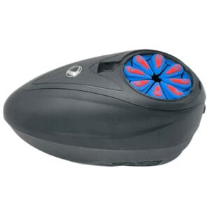 Black paintball hopper with red and blue inserts.