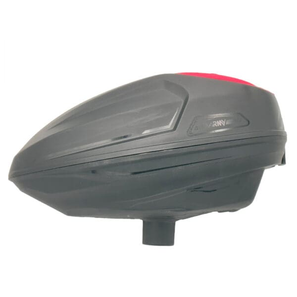 Gray paintball hopper with red lid.