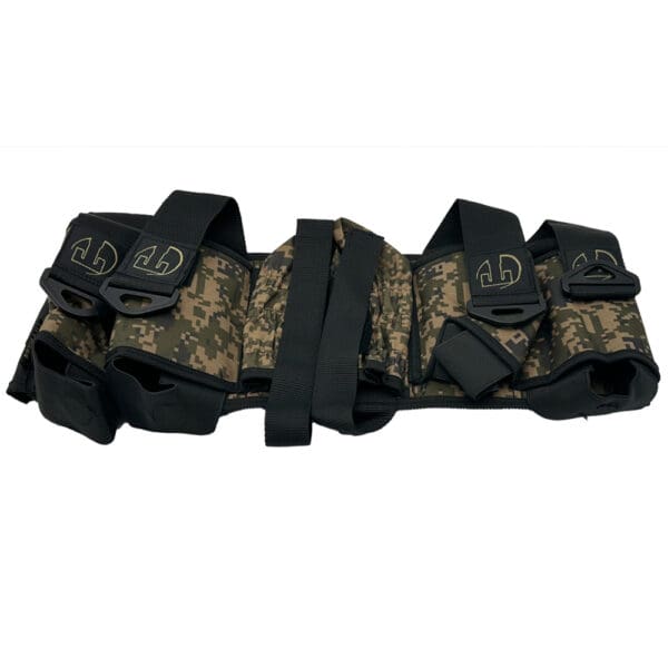 Camouflage paintball harness with pouches.