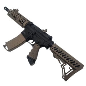 Tan and black AR-15 style rifle.