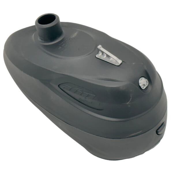 Black paintball hopper with lid open.