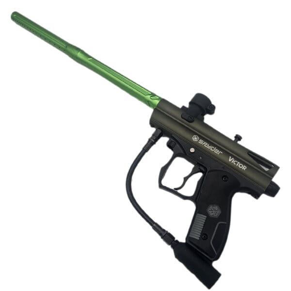 Spyder Victor paintball gun, green barrel.