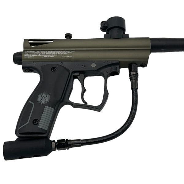 Olive green Spyder paintball marker.