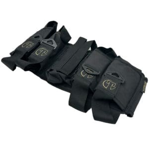 Black tactical weightlifting belt with pouches.