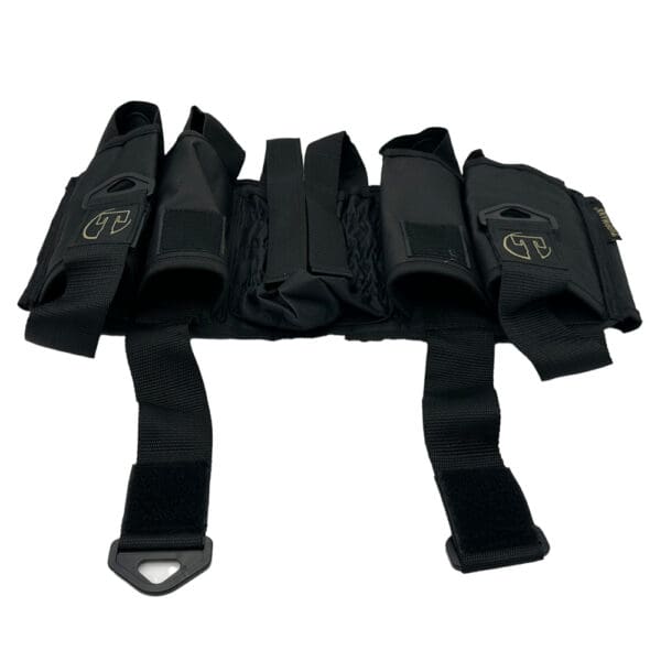 Black tactical paintball harness with pouches.