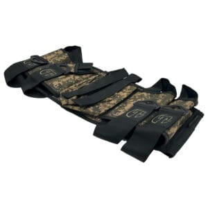 Camouflage paintball harness with pouches.