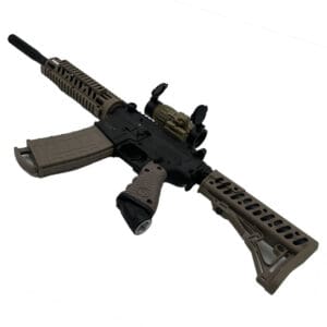 Tan and black paintball marker rifle.