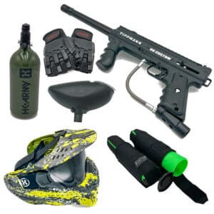 Paintball gun, mask, gloves, and tank set.