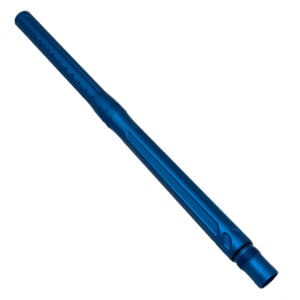 Here's an alt tag for the image: Blue paintball gun barrel.