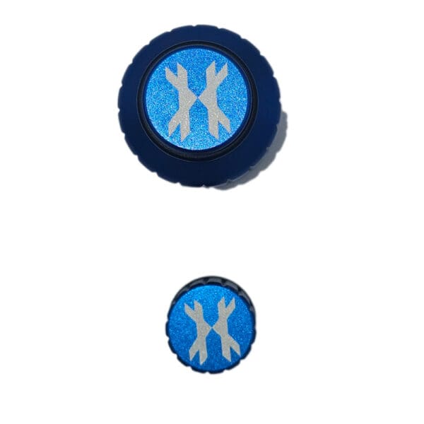 Here's an alt tag for the image: Blue and black logo buttons.