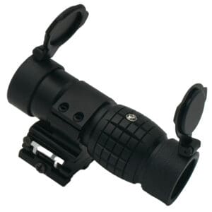 Black tactical red dot sight with caps.