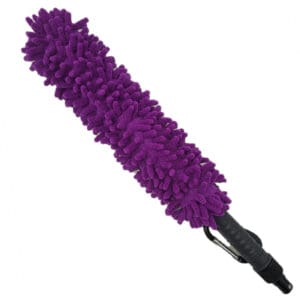 Purple microfiber duster with spray nozzle.