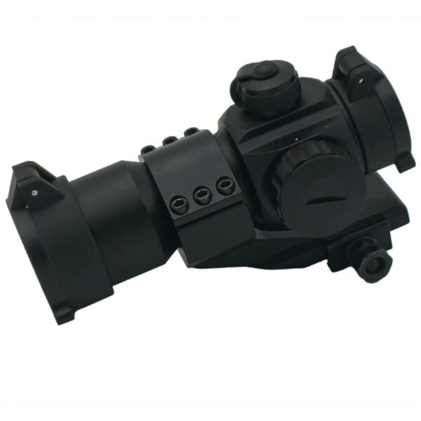 Black tactical red dot rifle scope.