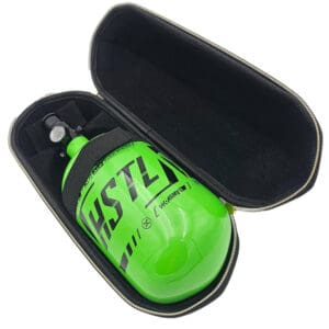 Green paintball tank in carrying case.