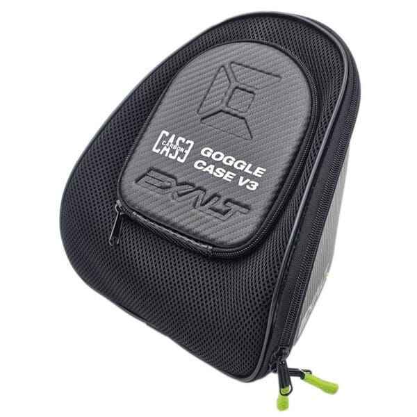 Black Exalt goggle case with green zipper.