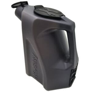 Black plastic fuel jug with handle.