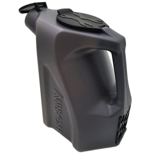 Black plastic fuel jug with handle.