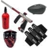 Paintball gun, mask, tank, and pod pack.