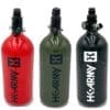 HK Army paintball tanks, red, green, black.