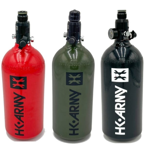HK Army paintball tanks, red, green, black.