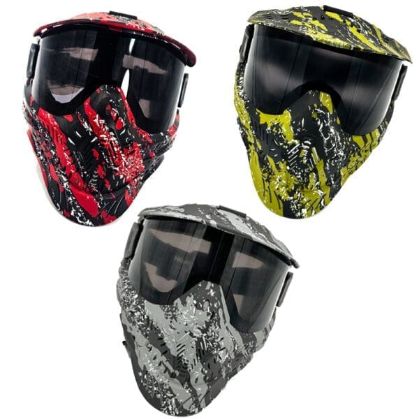 Three camouflage paintball masks.