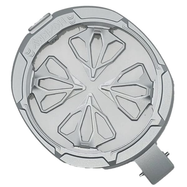Silver Alpha Racing wheel cover.