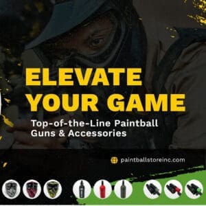 Paintball gear advertisement with player and equipment.