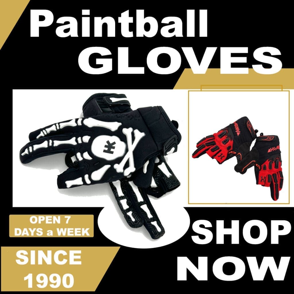 Paintball gloves advertisement with shop details.