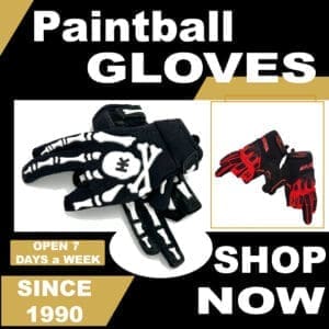 Paintball gloves advertisement with shop details.