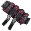 Black and red tactical gear with logos.