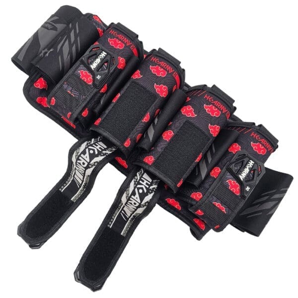 Black and red tactical gear with logos.