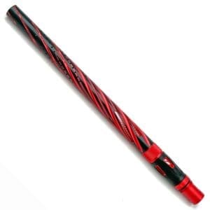 Red and black paintball barrel, diagonal view.