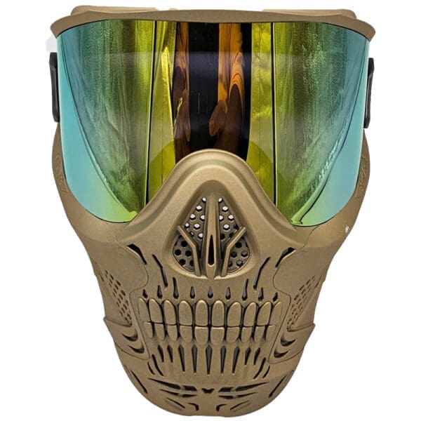 Skull-themed paintball mask with reflective visor.