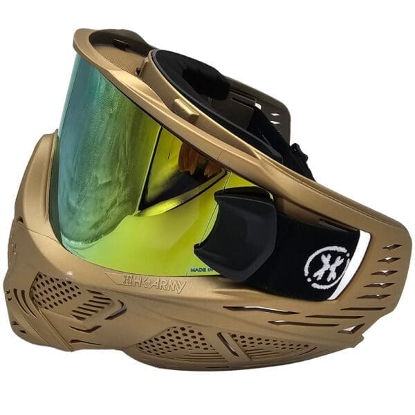 Gold paintball mask with tinted visor.