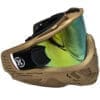 Gold and green paintball mask with visor.