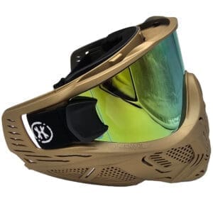 Gold and green paintball mask with visor.