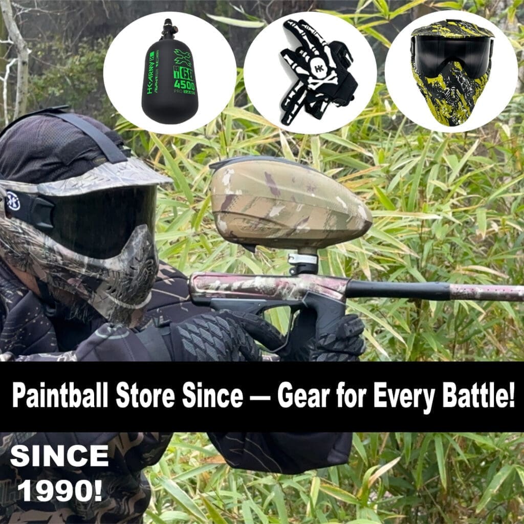 Paintball player with gear in action.