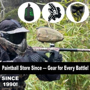 Paintball player with gear in action.