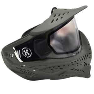 Dark green paintball mask with visor.