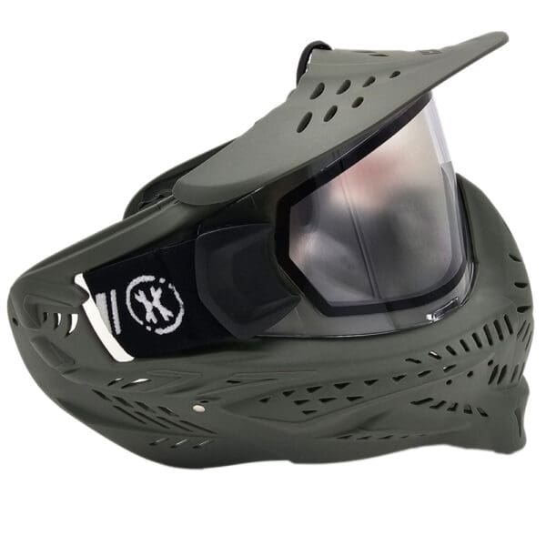 Dark green paintball mask with visor.