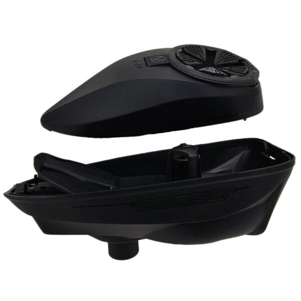 Black plastic boat-shaped bait container open.