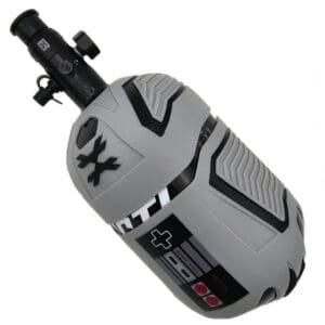 Gray gaming-themed paintball air tank.