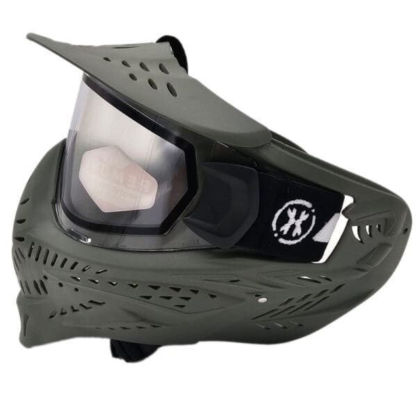 Green paintball mask with visor and goggles.